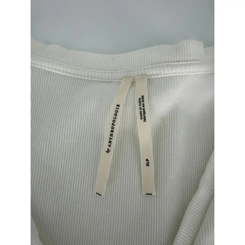 Anthropologie Womens XLP Ivory Rib Knit Puff Sleeve V Neck Swiss Dot Top Blouse